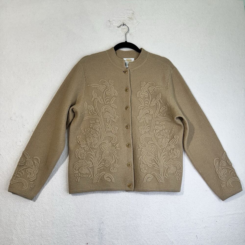 Talbots VTG Wool Camel Tan Classic Cardigan Sweater Ornate Embroidery Medium